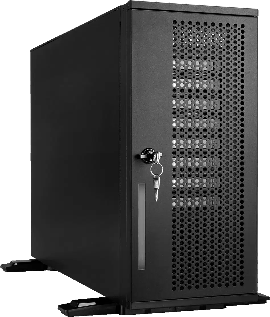A black server tower with a perforated front panel, a lock with keys inserted, and standing on metal feet.