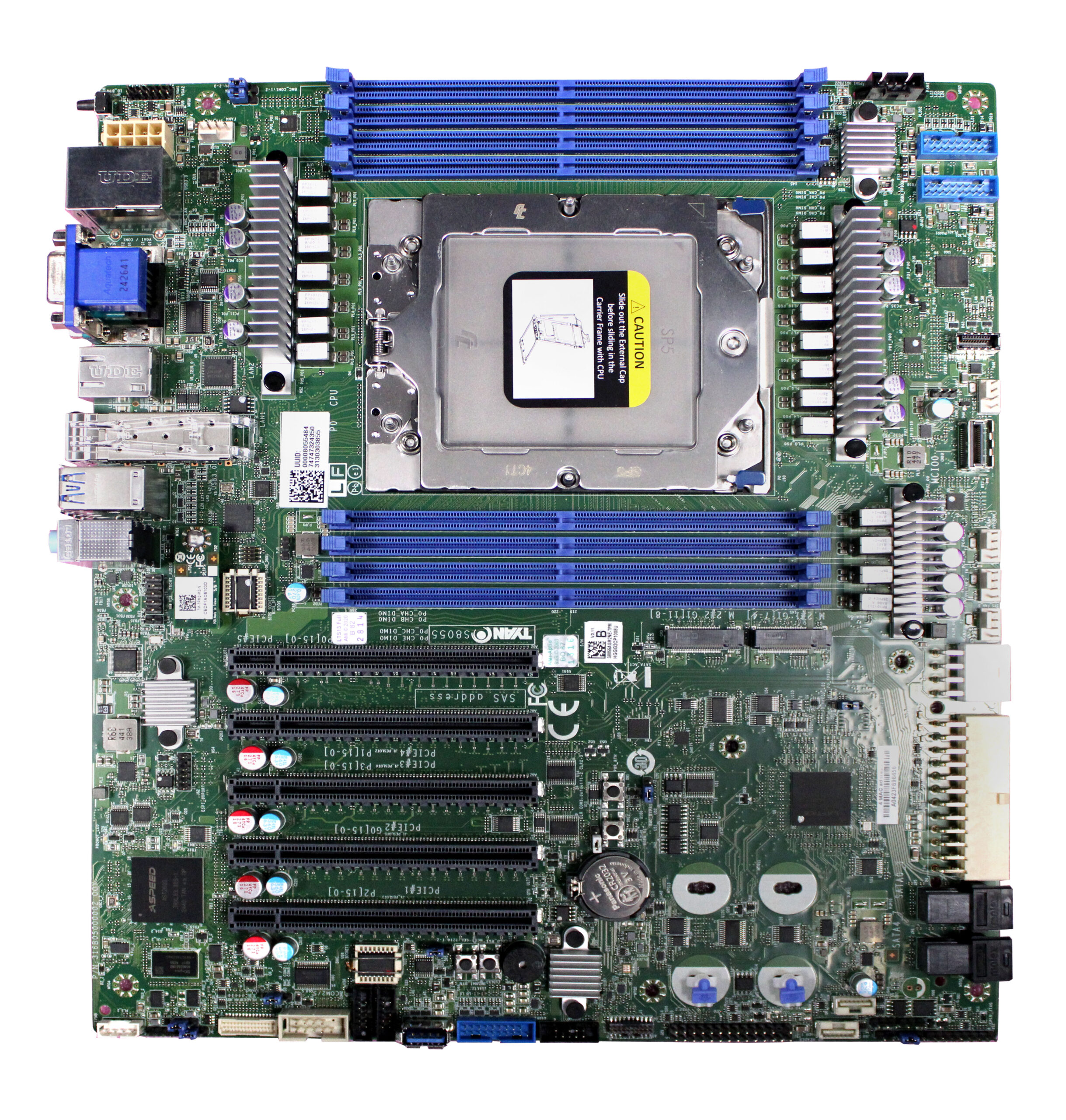 A server motherboard designed for High Performance Workstations, featuring multiple RAM slots, a large CPU socket, PCIe slots, and various ports and connectors on a green circuit board.