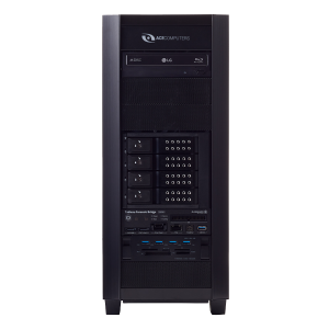 Black tower desktop computer with multiple drive bays and front-accessible ports.