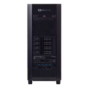 Black tower desktop computer with multiple drive bays and front-accessible ports.