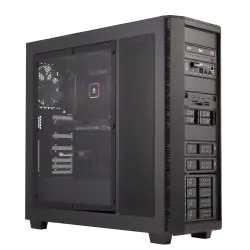 A desktop computer with a side panel window showcasing internal components, including a graphics card and multiple drive bays.